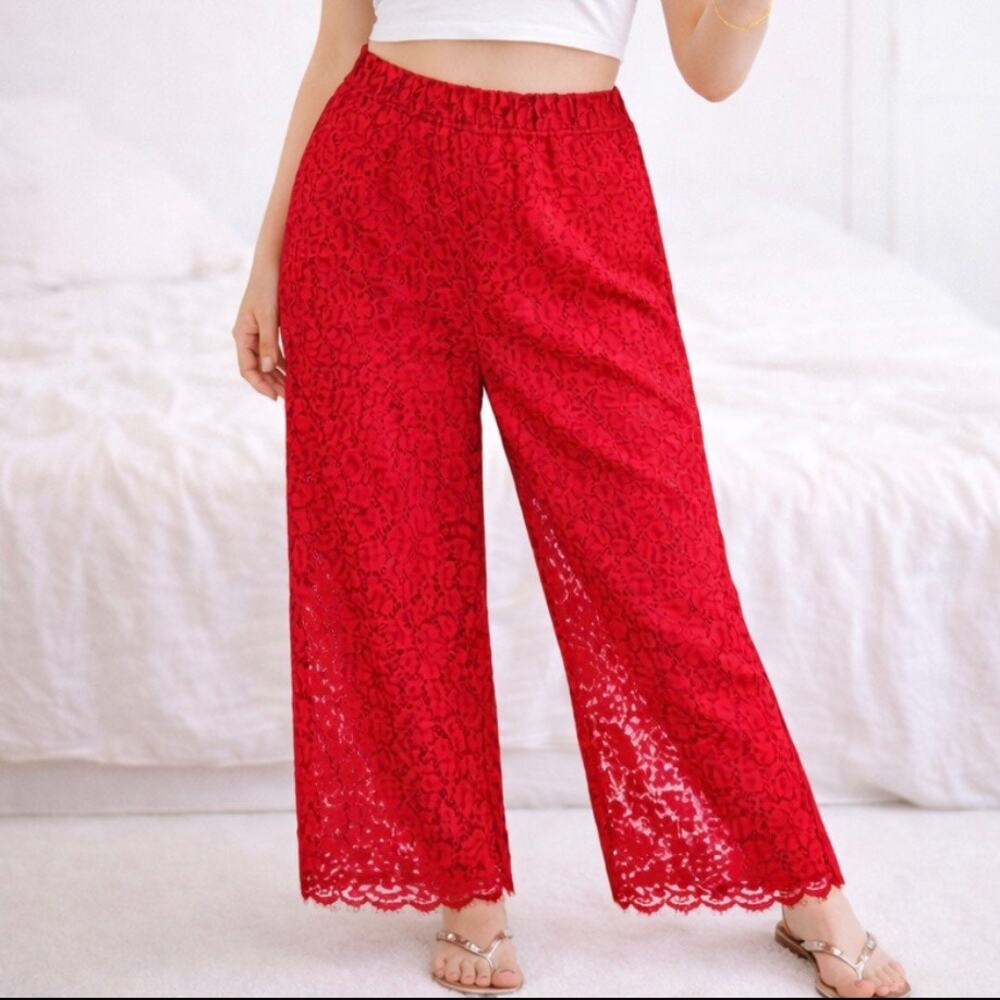 J Crew Red Lace Pants Wide Leg Sheer Lined Boho Festival Size 6